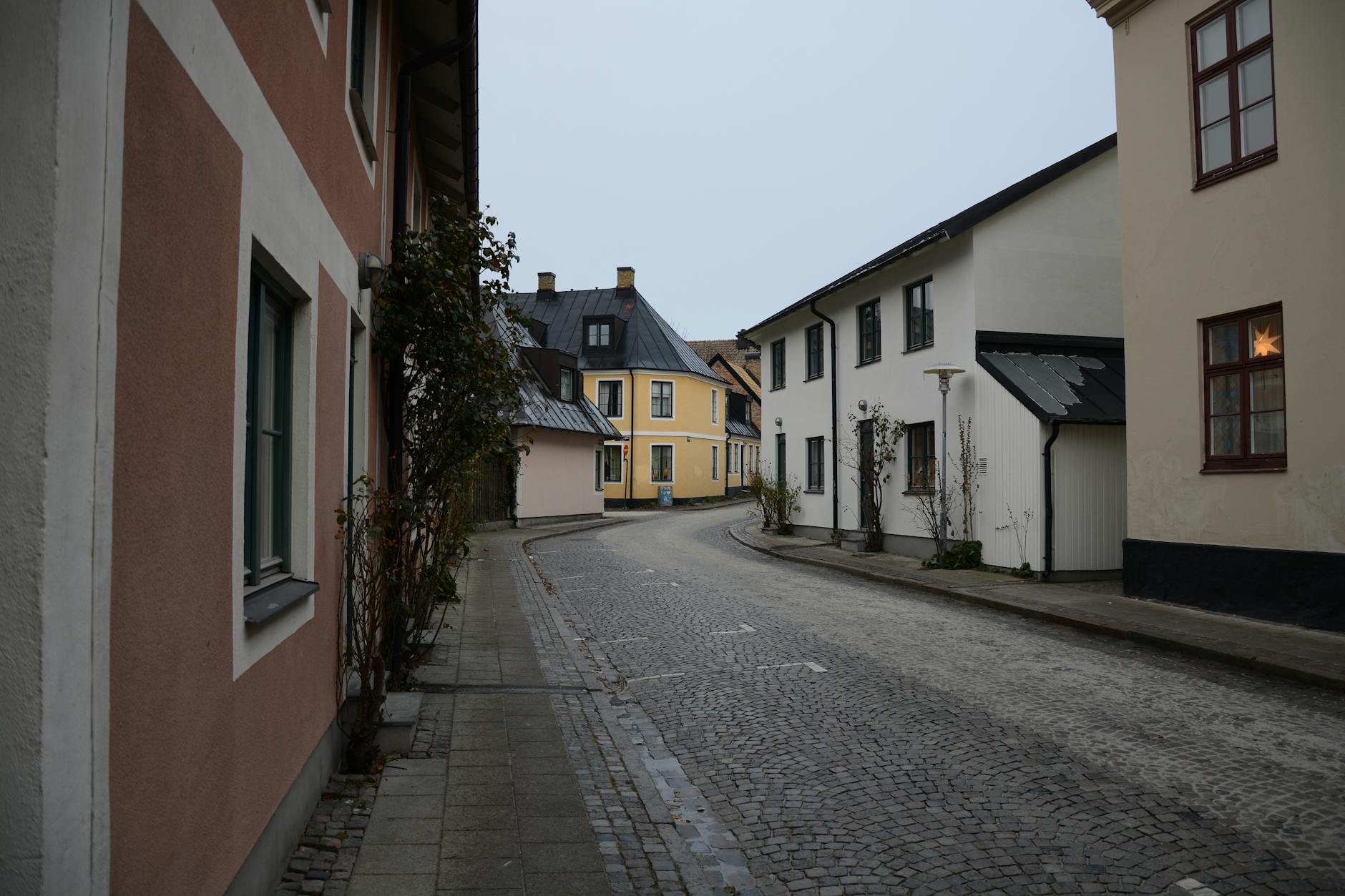 A picturesque cobblestone street flanked by colorful houses in a quaint village setting, exuding European charm.