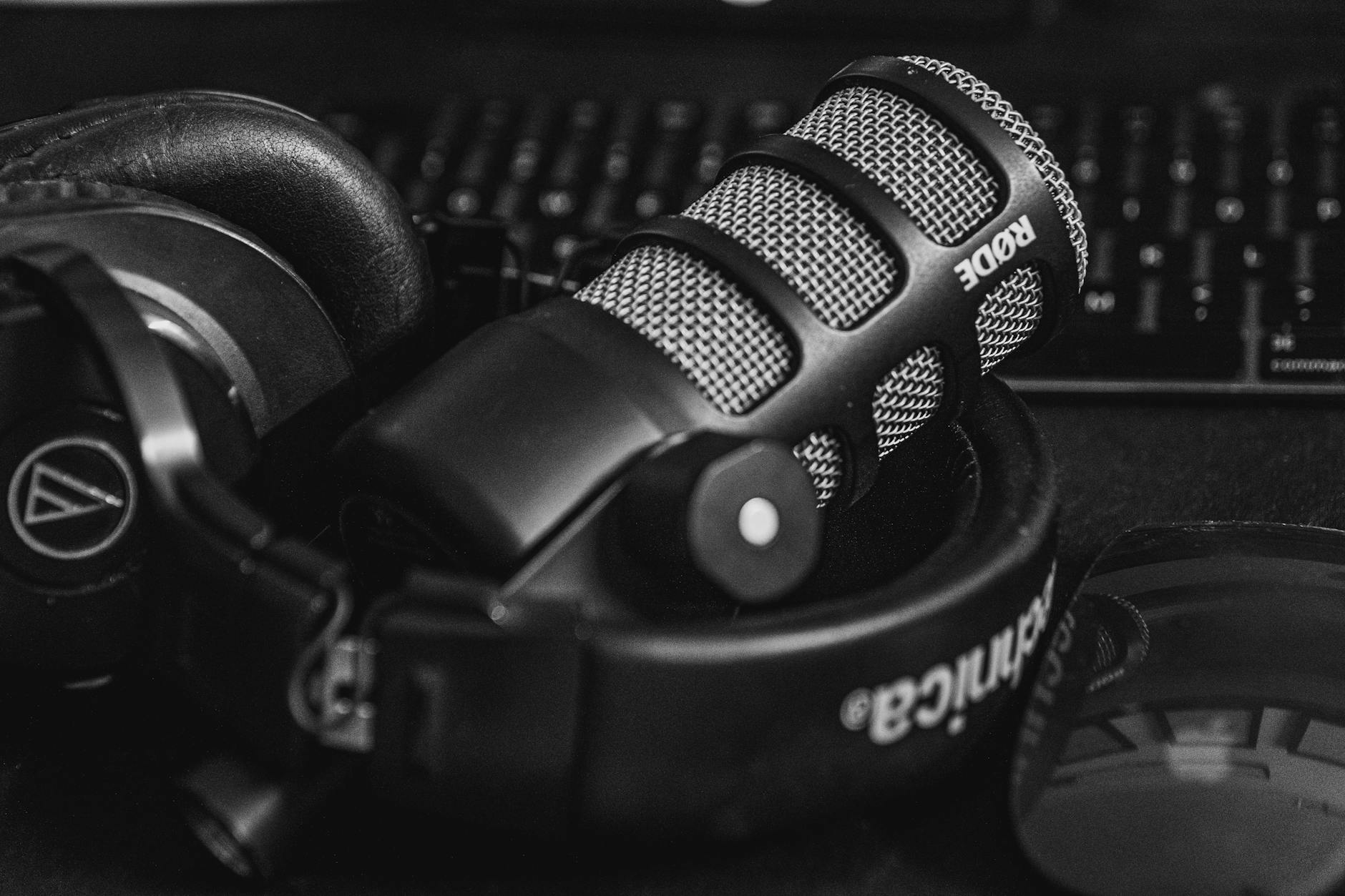 Close-up of a studio microphone and headphones in a black and white composition, perfect for audio and podcast themes.